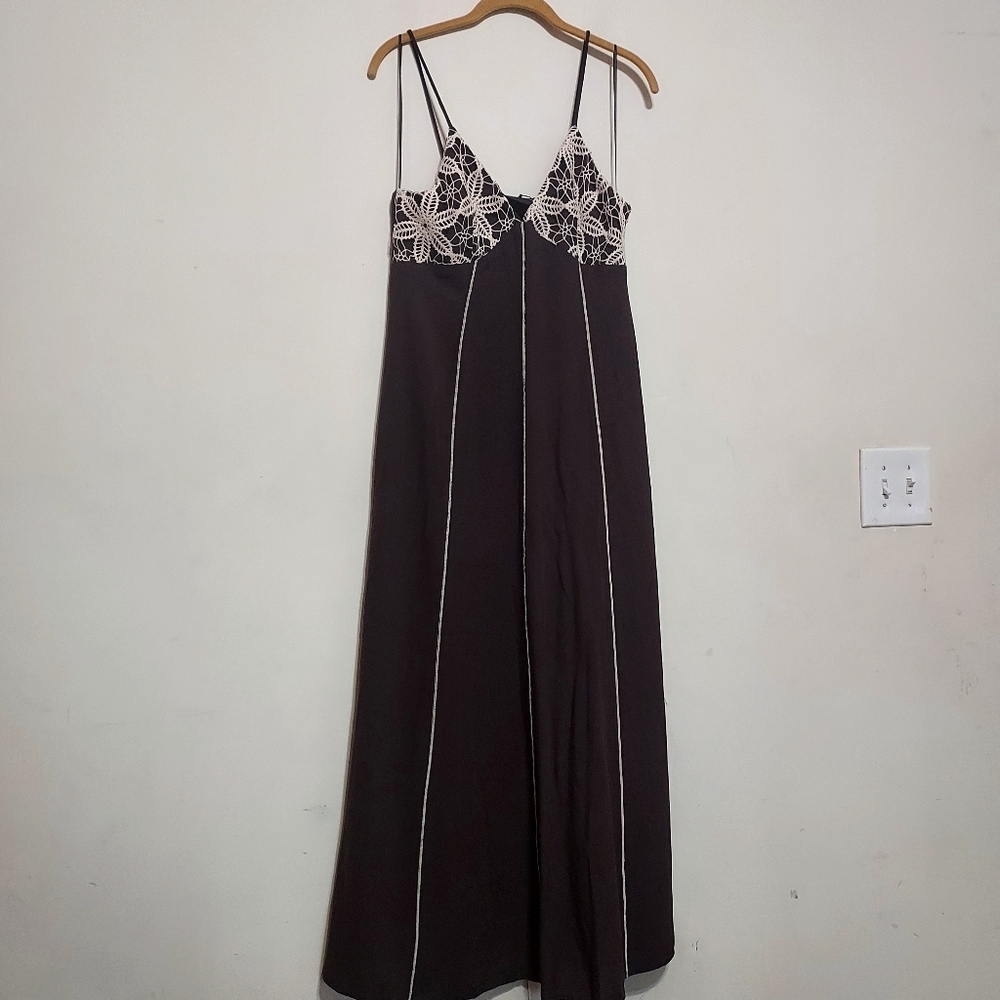 Zara Chocolate Brown Lace Trim Embroidered Strappy Long Dress - Picture 7 of 11